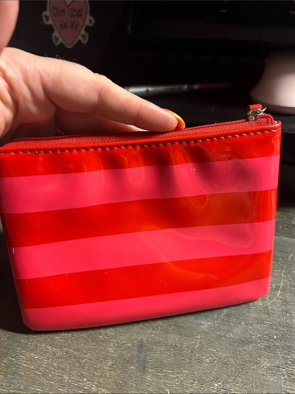 kate spade Red and Pink Striped Vinyl Cosmetic Pouch